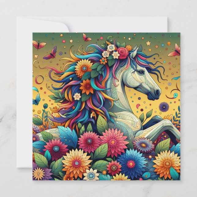 Pretty Whimsical Colourful Flowers and White Horse (Front)