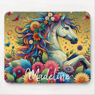 Pretty Whimsical Colourful Flowers and White Horse Mouse Pad