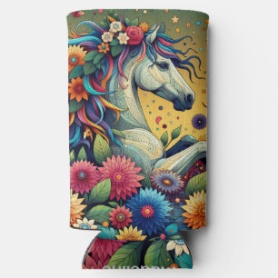 Pretty Whimsical Colourful Flowers and White Horse Seltzer Can Cooler