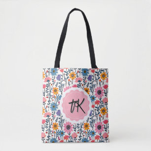 Pretty Whimsical Colourful Flowers Monogrammed Tote Bag