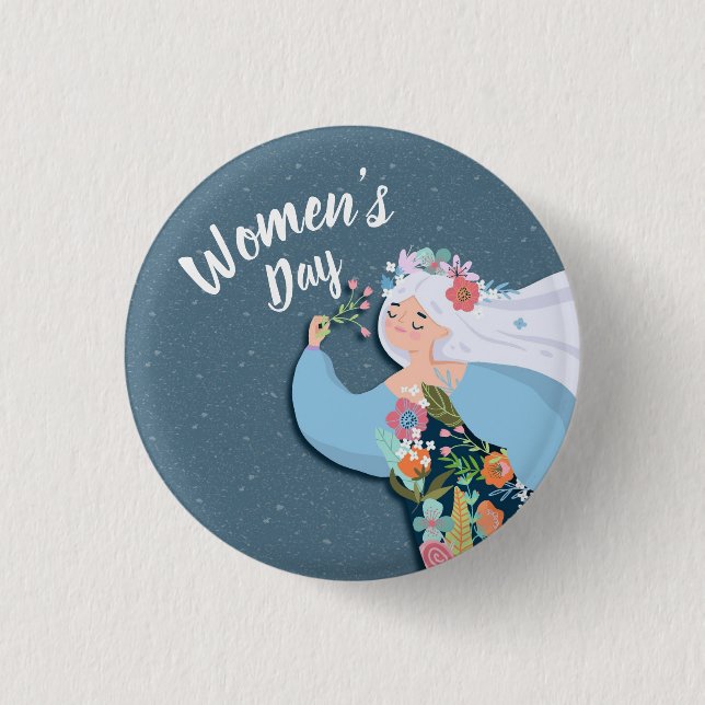 Pretty Whimsical Flower Lady Women's Day 1 Inch Round Button (Front)