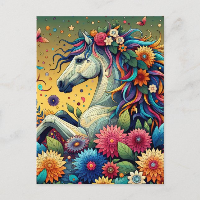 Pretty Whimsical Horse in Colourful Flowers Postcard (Front)