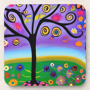 Pretty Whimsical Tree Folk Art Ai Generated Art Coaster
