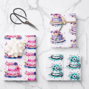 Pretty Whimsical Watercolor Birthday Cake Wrapping Paper Sheet