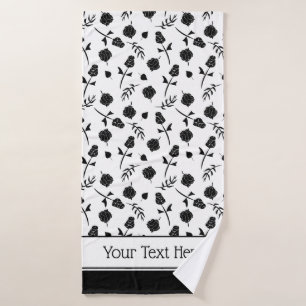 Pretty White and Black Roses Rosebud Floral Print Bath Towel Set