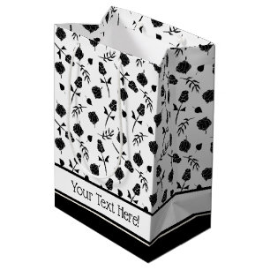 Pretty White and Black Roses Rosebud Floral Print Medium Gift Bag