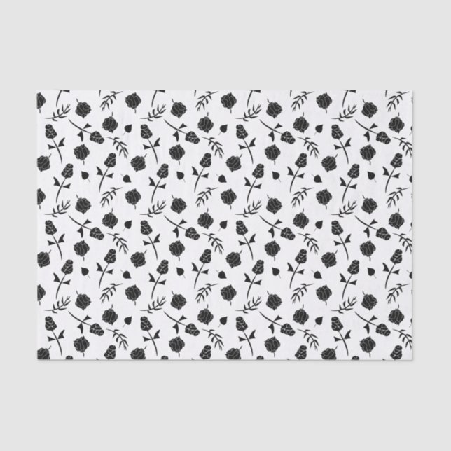 Pretty White and Black Roses Rosebud Floral Print Tissue Paper (Front)