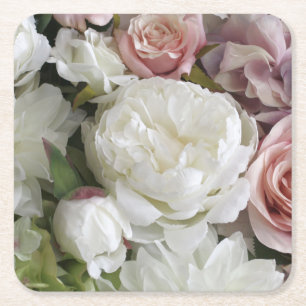 Pretty white and peach peony floral paper coasters
