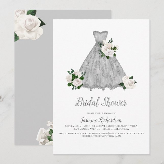 Pretty White and Silver Bridal Shower Invitation (Front/Back)