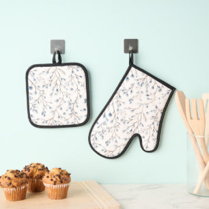 Pretty White Blue Floral Bridal Shower Oven Mitt & Pot Holder Set