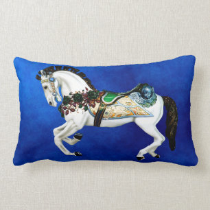 Pretty White Carousel Horse on Deep Blue Lumbar Pillow