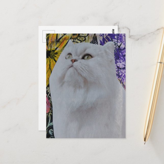 Pretty White Cat in Flowers collage Postcard (Front/Back In Situ)