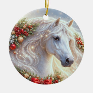 Pretty White Christmas Horse Ceramic Ornament