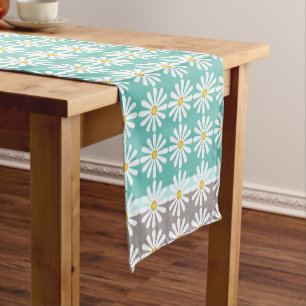Pretty white daisies on bluegreen and grey border short table runner