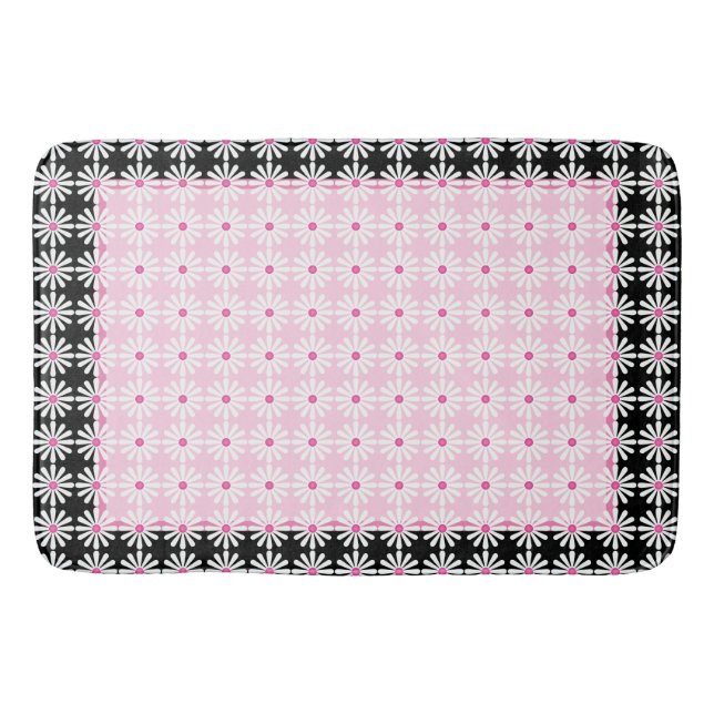 Pretty white daisies on chic French pink and black Bath Mat (Front)