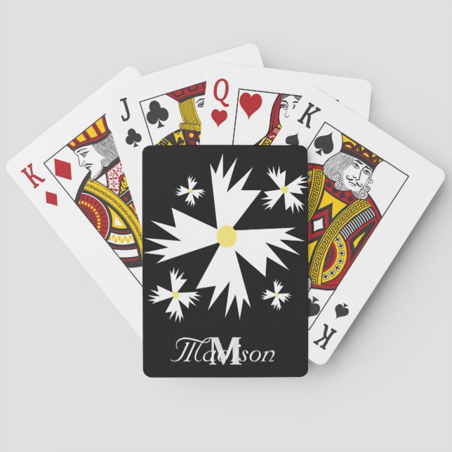 Pretty White Floral Daisy Geometrical Black Playing Cards (Back)
