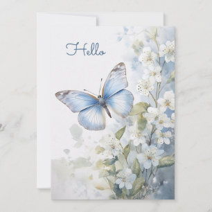 Pretty White Flowers and Blue Butterfly Hello Flat Card