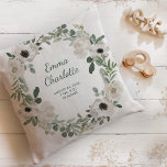 Pretty White Flowers and Greenery Baby Birth Stats Throw Pillow<br><div class="desc">This pretty baby birth stats pillow features a floral wreath with watercolor white and soft grey flowers and green leaves and foliage,  in a wreath on a simple white background. Add your baby's name in trendy modern script,  and add all the newborn's birth statistics.</div>