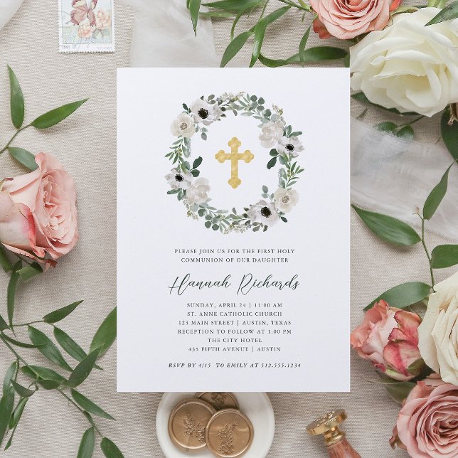 Pretty White Flowers Green Leaves First Communion Invitation (Creator Uploaded)