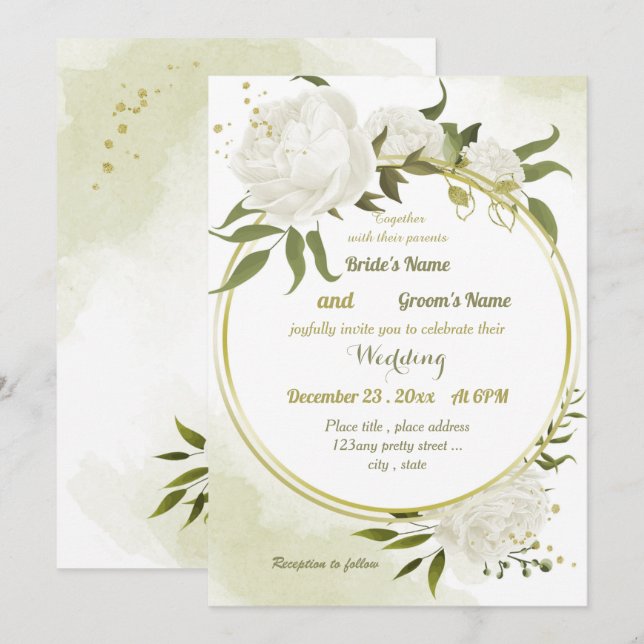pretty white flowers greenery geometric wedding invitation (Front/Back)