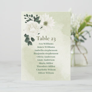 Pretty white flowers greenery seating chart card