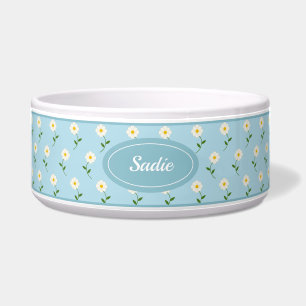 Pretty White Flowers Pattern On Blue & Custom Name
