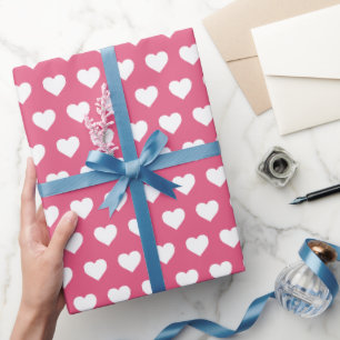 Pretty White Hearts Pattern Hot Pink Wrapping Paper