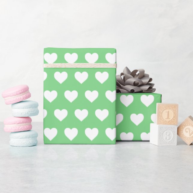 Pretty White Hearts Pattern Summer Green Wrapping Paper (Baby Shower)