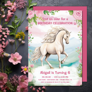 Pretty White Horse and Pink Flowers Birthday Invitation