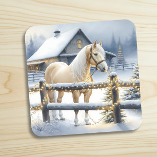 Pretty White Horse Farm Christmas Personalized Coaster