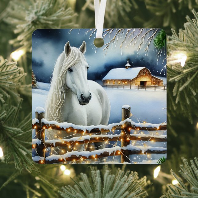 Pretty White Horse Farm Christmas Personalized Metal Ornament (Insitu)