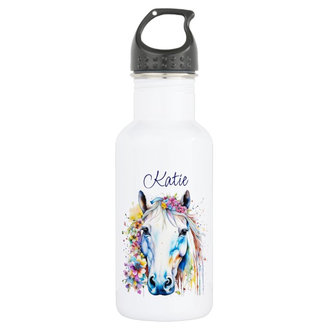 Pretty White Horse Floral Personalized  532 Ml Water Bottle (Front)