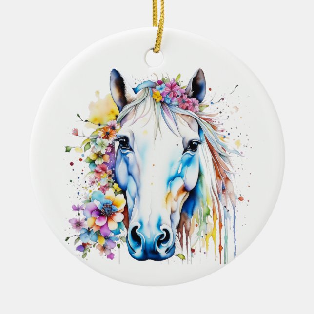 Pretty White Horse Floral Personalized  Ceramic Ornament (Front)