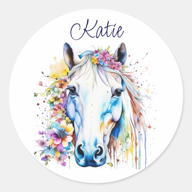 Pretty White Horse Floral Personalized  Classic Round Sticker (Front)