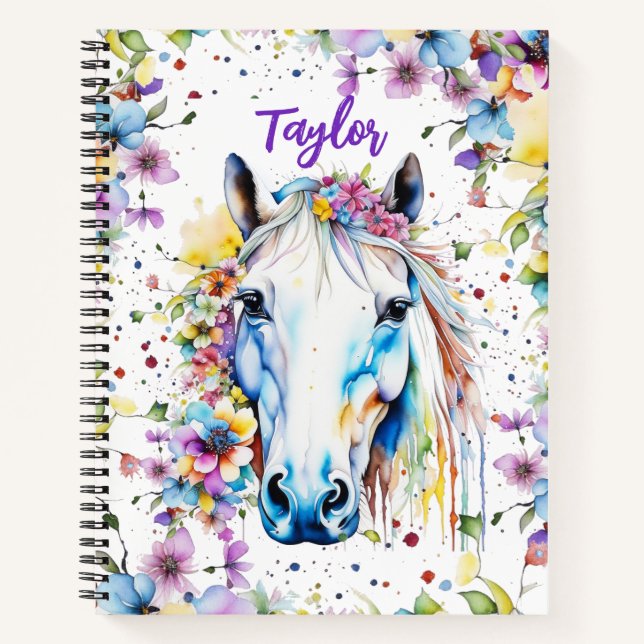 Pretty White Horse Floral Personalized Sketchbook Notebook (Front)