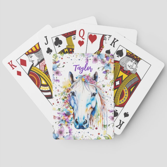 Pretty White Horse Floral Personalized Sketchbook Playing Cards (Back)
