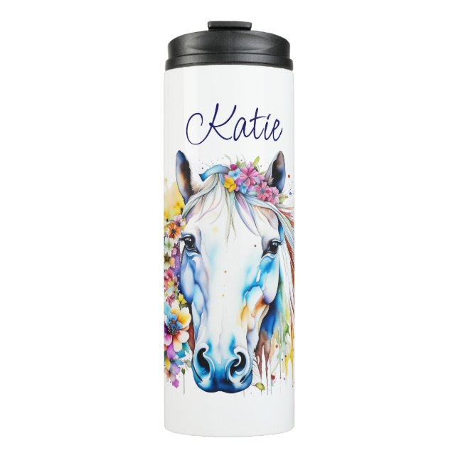Pretty White Horse Floral Personalized  Thermal Tumbler (Front)