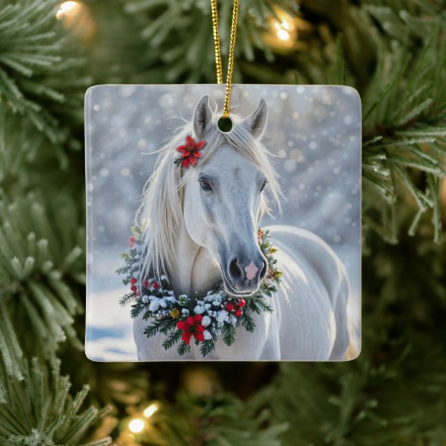 Pretty White Horse with Wreath Christmas Holiday Ceramic Ornament (Tree)