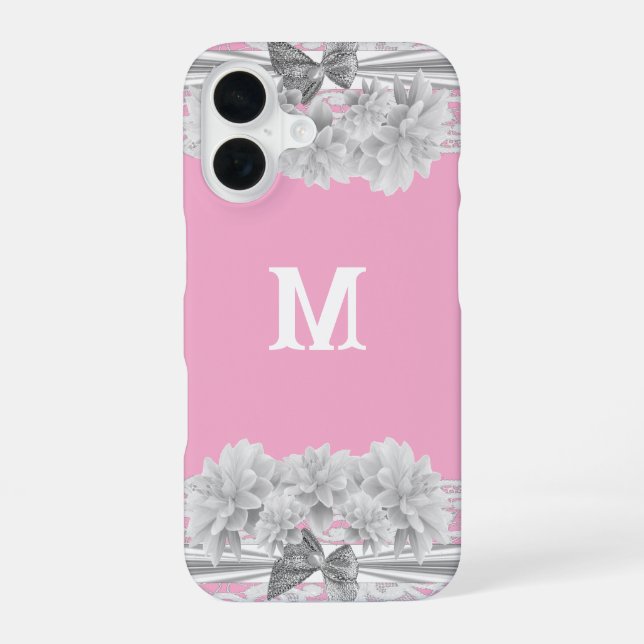 Pretty white lace monogram iPhone 16 case (Back)