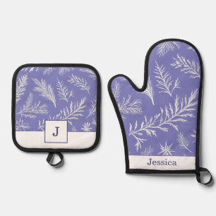 Pretty White Leaf Pattern Lavender Purple Elegant Oven Mitt & Pot Holder Set