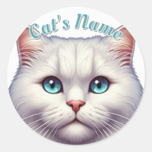 Pretty White Longhair Cat • Personalized Classic Round Sticker