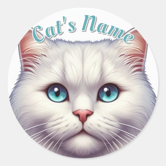 Pretty White Longhair Cat • Personalized Classic Round Sticker (Front)