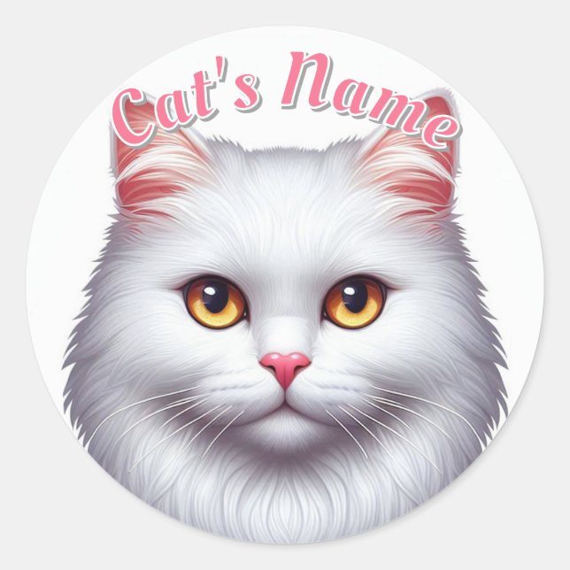 Pretty White Longhaired Cat • Personalized Classic Round Sticker (Front)