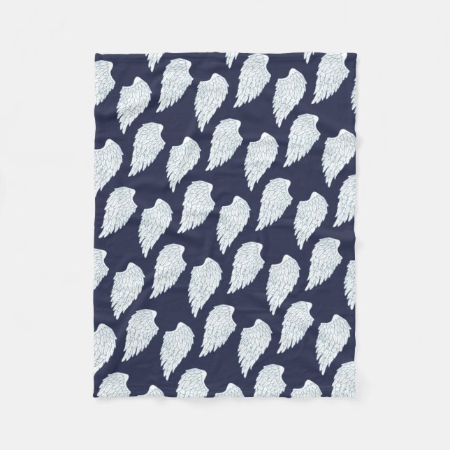 Pretty White & Navy Angel Wings Fleece Blanket (Front)