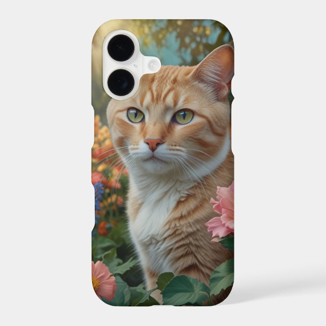 Pretty white orange cat in floral garden (Back)