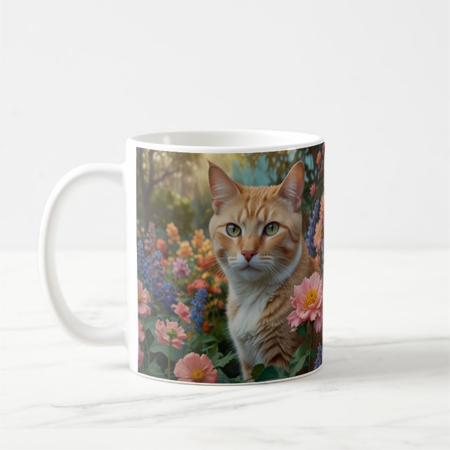 Pretty white orange cat in floral garden coffee mug (Left)