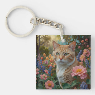 Pretty white orange cat in floral garden keychain