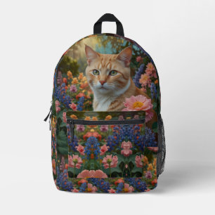 Pretty white orange cat in floral garden printed backpack
