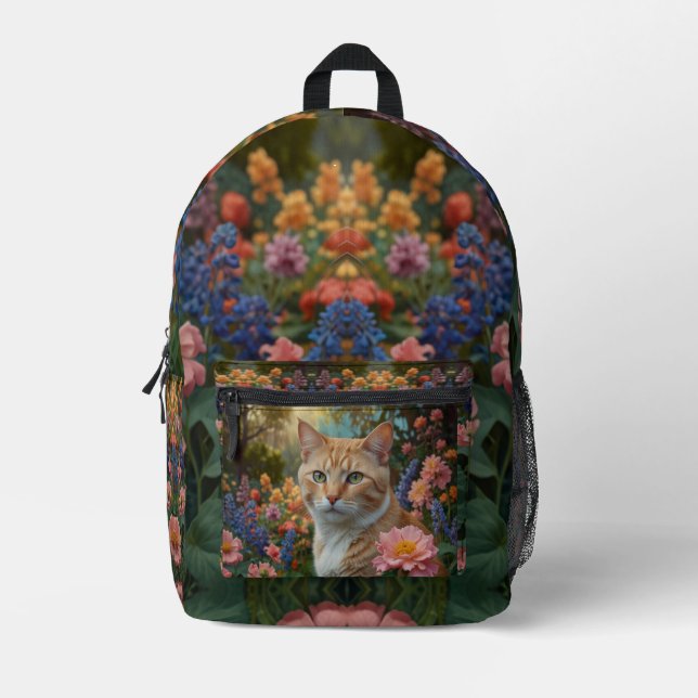 Pretty white orange cat in floral garden printed backpack (Front)