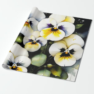 Pretty white pansies watercolor painting wrapping paper